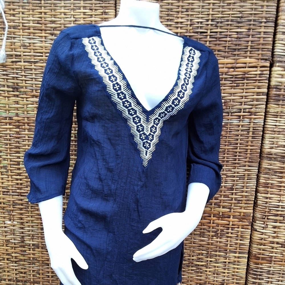 Kona Sol Deep Blue Gauzy Tunic with Elegant Embroidy Swim Cover Up M - Picture 15 of 15